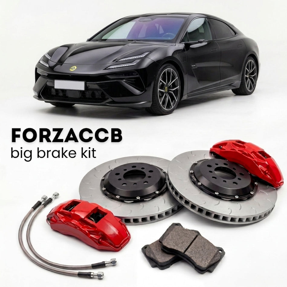 Black Lotus Emeya Type 133 (2024+) shown above a ForzaCCB iron rotor big brake kit with 2x red 6-piston front calipers, 2x two-piece floating ventilated brake discs 380 mm, set of brake pads, and brake lines.