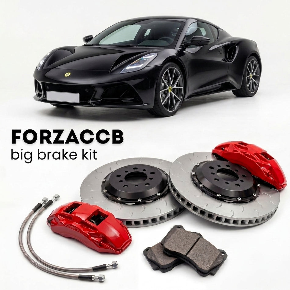 Black Lotus Emira Type 131 (2022+) shown above a ForzaCCB iron rotor big brake kit with 2x red 6-piston front calipers, 2x two-piece floating ventilated brake discs 380 mm, set of brake pads, and brake lines.