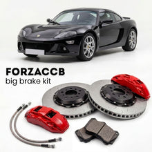 Black Lotus Europa S (2006-2010) shown above a ForzaCCB iron rotor big brake kit with 2x red 6-piston front calipers, 2x two-piece floating ventilated brake discs 380 mm, set of brake pads, and brake lines.