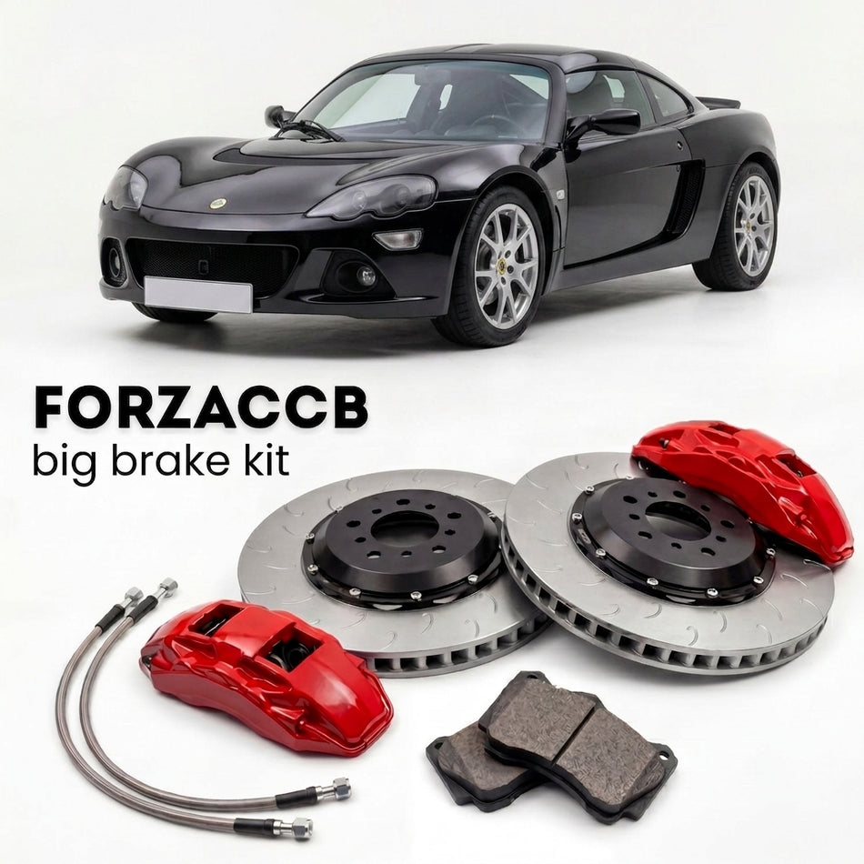 Black Lotus Europa S (2006-2010) shown above a ForzaCCB iron rotor big brake kit with 2x red 6-piston front calipers, 2x two-piece floating ventilated brake discs 380 mm, set of brake pads, and brake lines.