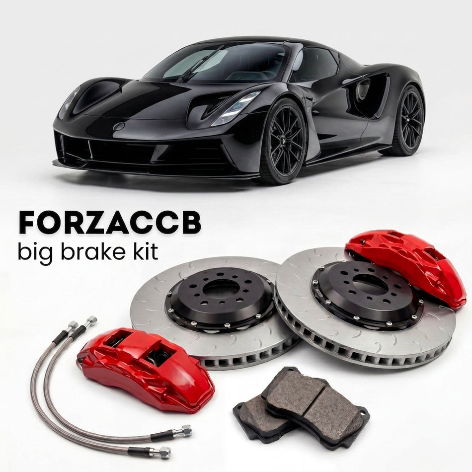 Black Lotus Evija Type 130 (2021+) shown above a ForzaCCB iron rotor big brake kit with 2x red 6-piston front calipers, 2x two-piece floating ventilated brake discs 380 mm, set of brake pads, and brake lines.