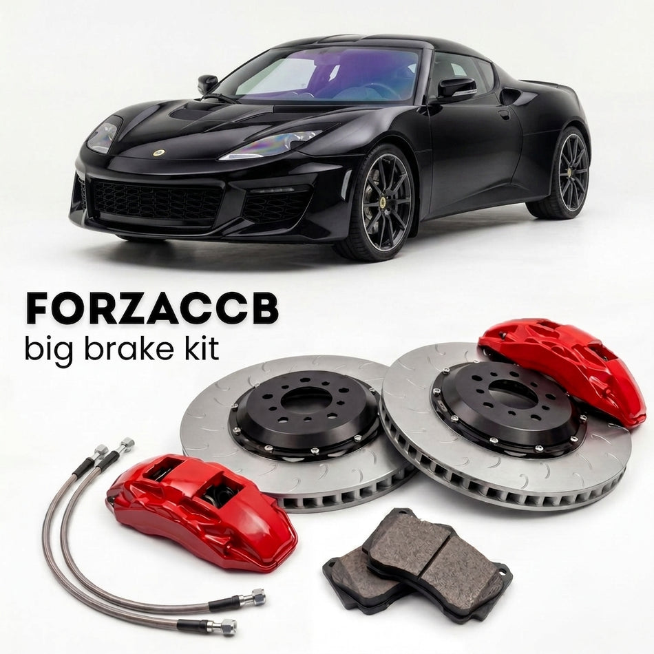 Black Lotus Evora Type 122 400/GT (2016-2021) shown above a ForzaCCB iron rotor big brake kit with 2x red 6-piston front calipers, 2x two-piece floating ventilated brake discs 380 mm, set of brake pads, and brake lines.