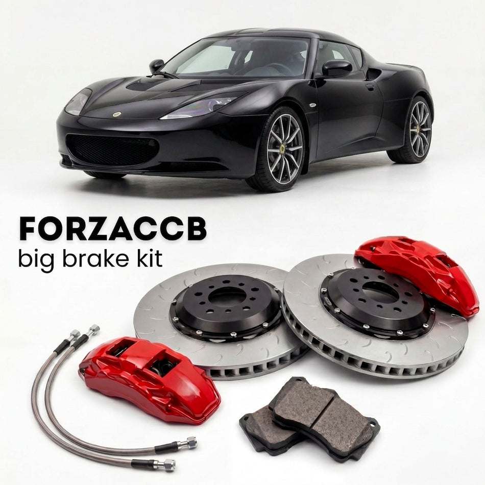 Black Lotus Evora Type 122 S1 (2009-2015) shown above a ForzaCCB iron rotor big brake kit with 2x red 6-piston front calipers, 2x two-piece floating ventilated brake discs 380 mm, set of brake pads, and brake lines.