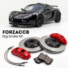 Black Lotus Exige S2 (2005-2011) shown above a ForzaCCB iron rotor big brake kit with 2x red 6-piston front calipers, 2x two-piece floating ventilated brake discs 380 mm, set of brake pads, and brake lines.