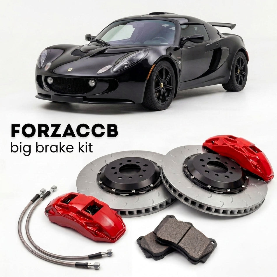 Black Lotus Exige S2 (2005-2011) shown above a ForzaCCB iron rotor big brake kit with 2x red 6-piston front calipers, 2x two-piece floating ventilated brake discs 380 mm, set of brake pads, and brake lines.