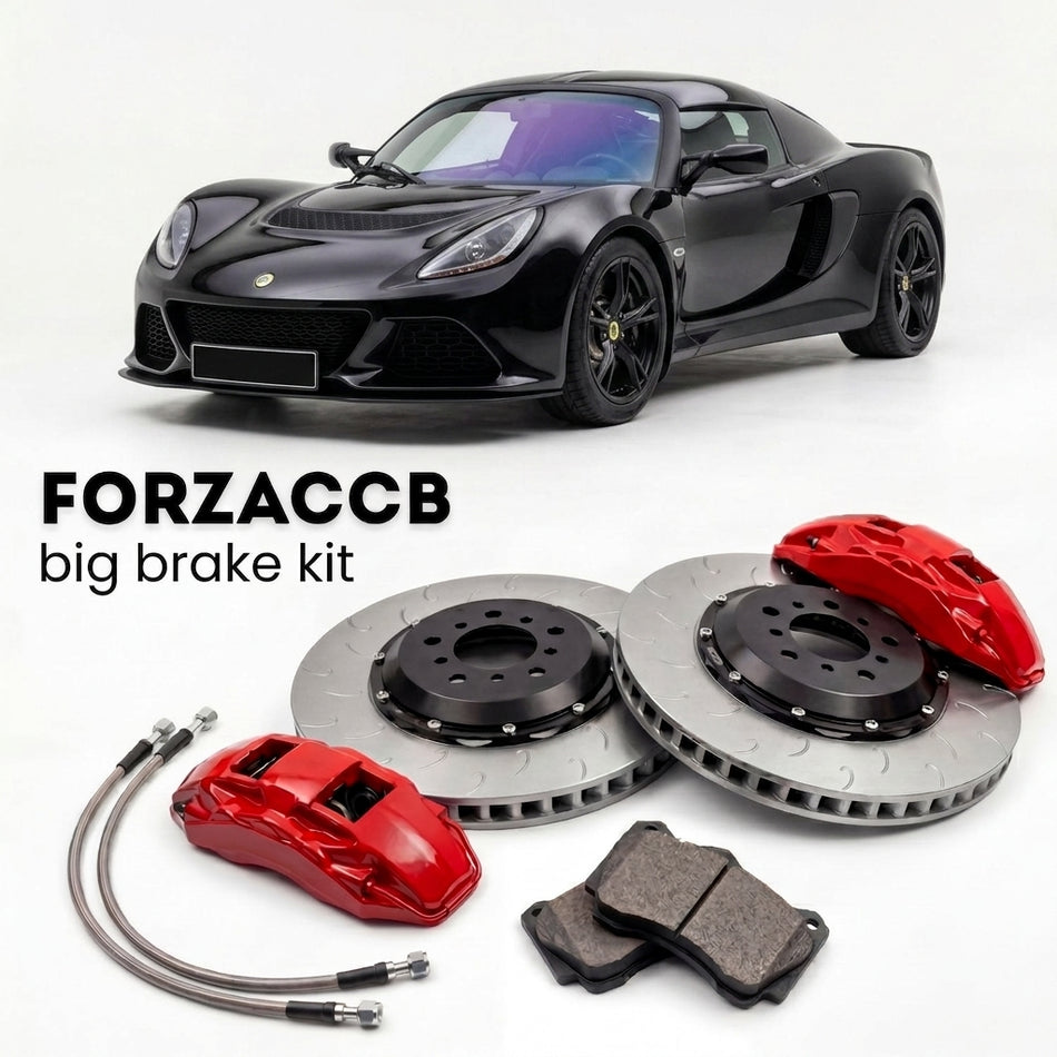 Black Lotus Exige S3 (2012-2021) shown above a ForzaCCB iron rotor big brake kit with 2x red 6-piston front calipers, 2x two-piece floating ventilated brake discs 380 mm, set of brake pads, and brake lines.