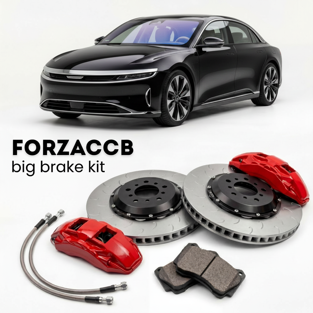 Black Lucid Air Sapphire (2024+) shown above a ForzaCCB iron rotor big brake kit with 2x red 6-piston front calipers, 2x two-piece floating ventilated brake discs 380 mm, set of brake pads, and brake lines.