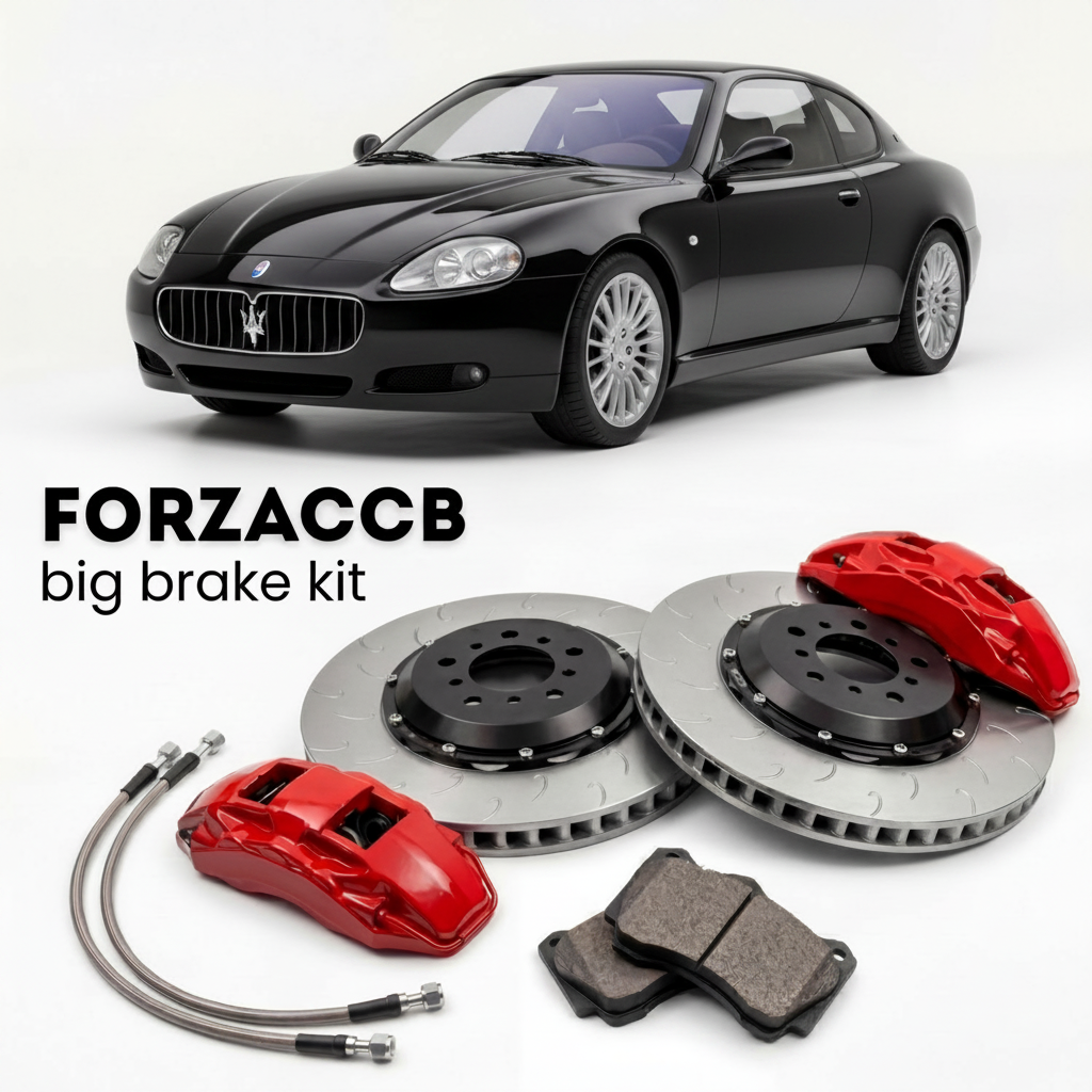 Black Maserati Coupé M138 (2002-2007) shown above a ForzaCCB iron rotor big brake kit with 2x red 6-piston front calipers, 2x two-piece floating ventilated brake discs 380 mm, set of brake pads, and brake lines.