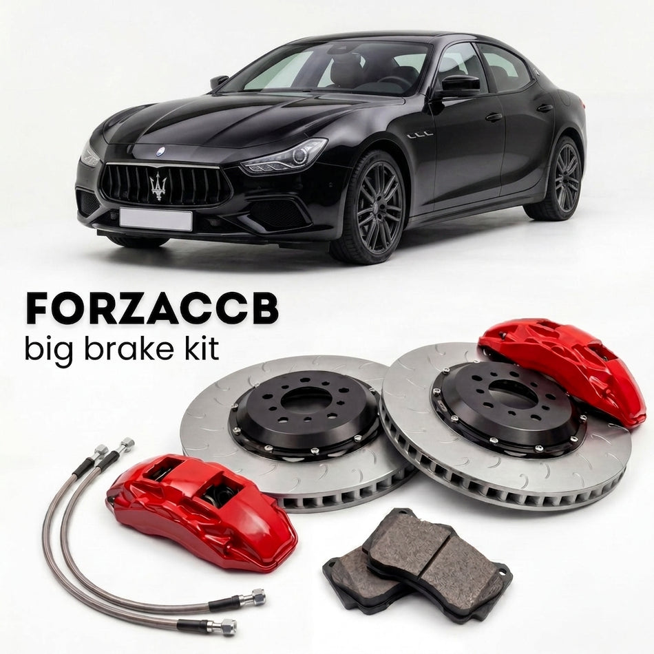 Black Maserati Ghibli (2013-2023) shown above a ForzaCCB iron rotor big brake kit with 2x red 6-piston front calipers, 2x two-piece floating ventilated brake discs 380 mm, set of brake pads, and brake lines.