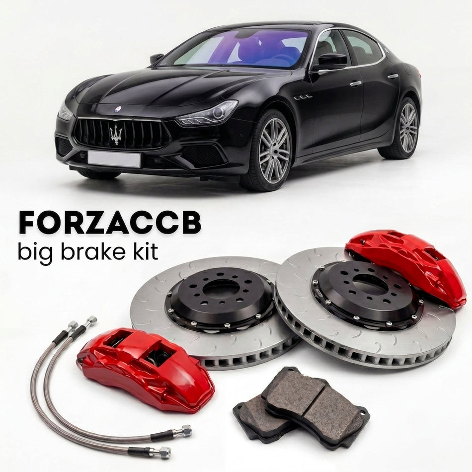 Black Maserati Ghibli (2014-2023) shown above a ForzaCCB iron rotor big brake kit with 2x red 6-piston front calipers, 2x two-piece floating ventilated brake discs 380 mm, set of brake pads, and brake lines.
