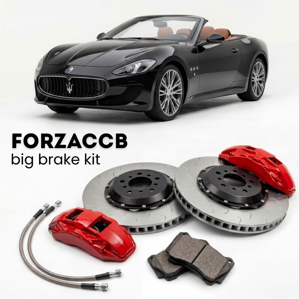 Black Maserati GranCabrio II M189 (2024+) shown above a ForzaCCB iron rotor big brake kit with 2x red 6-piston front calipers, 2x two-piece floating ventilated brake discs 380 mm, set of brake pads, and brake lines.