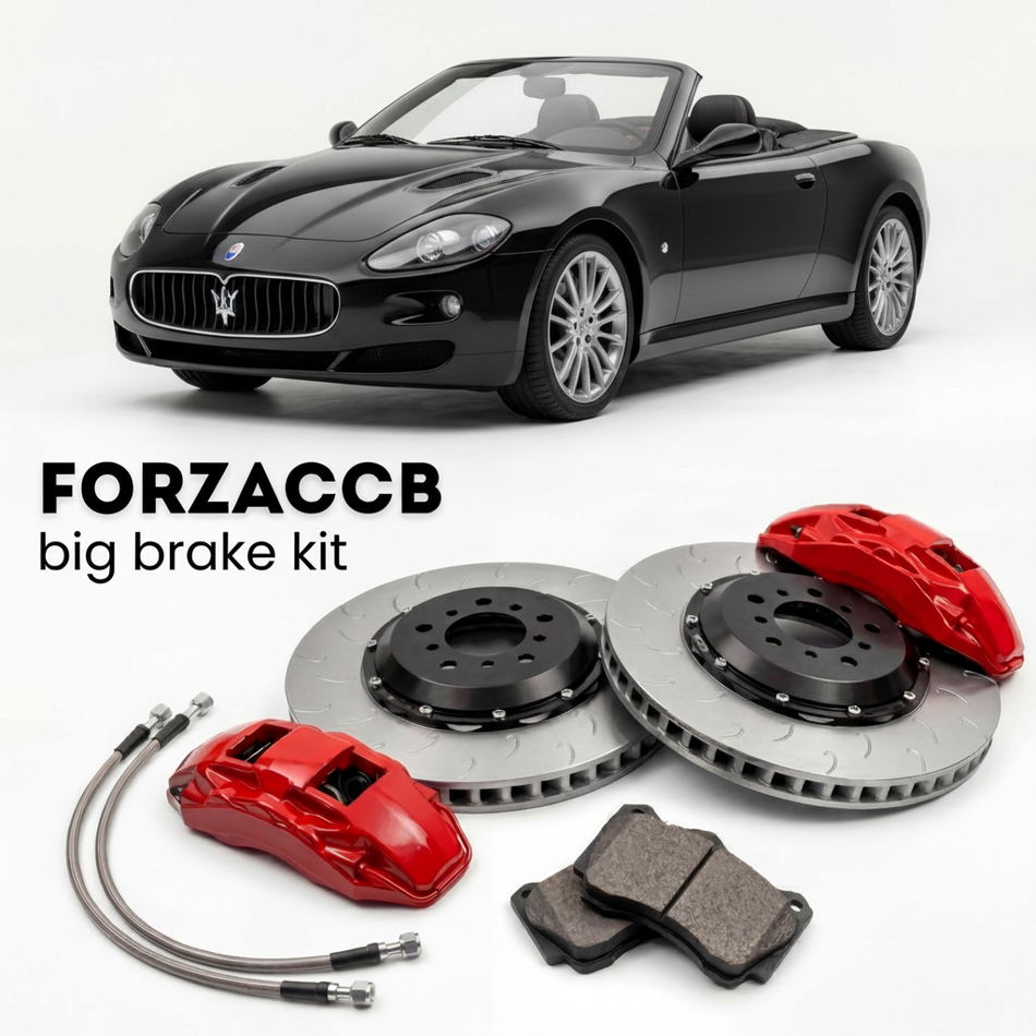 Black Maserati GranSport Spyder M138 (2005-2007) shown above a ForzaCCB iron rotor big brake kit with 2x red 6-piston front calipers, 2x two-piece floating ventilated brake discs 380 mm, set of brake pads, and brake lines.