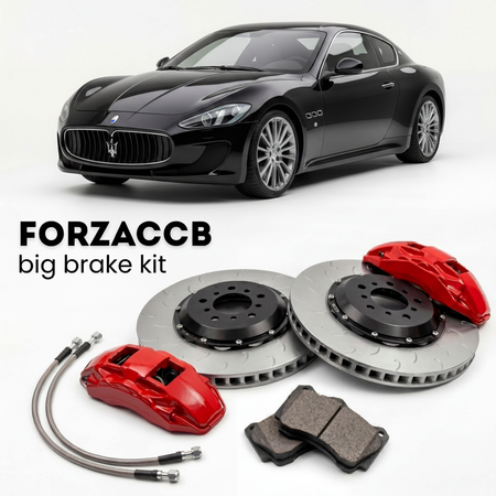 Black Maserati GranTurismo M145 (2007-2019) shown above a ForzaCCB iron rotor big brake kit with 2x red 6-piston front calipers, 2x two-piece floating ventilated brake discs 380 mm, set of brake pads, and brake lines.