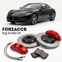 Black Maserati GranTurismo M145 (2011-2019) shown above a ForzaCCB iron rotor big brake kit with 2x red 6-piston front calipers, 2x two-piece floating ventilated brake discs 380 mm, set of brake pads, and brake lines.