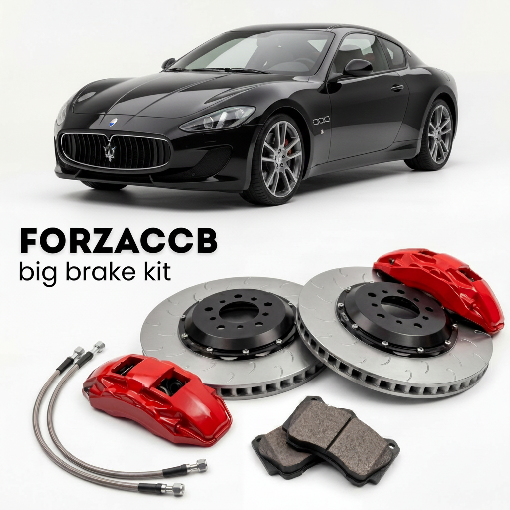 Black Maserati GranTurismo M145 (2011-2019) shown above a ForzaCCB iron rotor big brake kit with 2x red 6-piston front calipers, 2x two-piece floating ventilated brake discs 380 mm, set of brake pads, and brake lines.