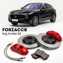 Black Maserati Levante (2017-2024) shown above a ForzaCCB iron rotor big brake kit with 2x red 6-piston front calipers, 2x two-piece floating ventilated brake discs 380 mm, set of brake pads, and brake lines.