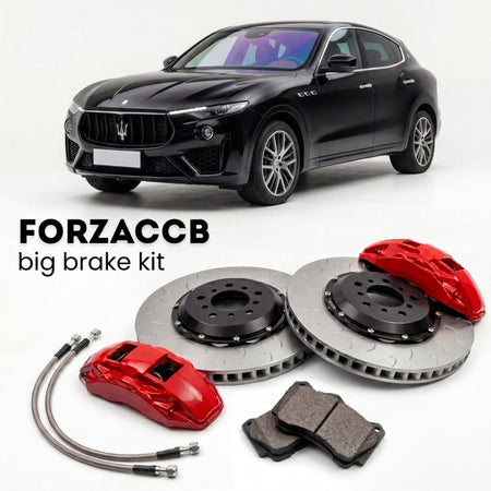 Black Maserati Levante (2017-2024) shown above a ForzaCCB iron rotor big brake kit with 2x red 6-piston front calipers, 2x two-piece floating ventilated brake discs 380 mm, set of brake pads, and brake lines.