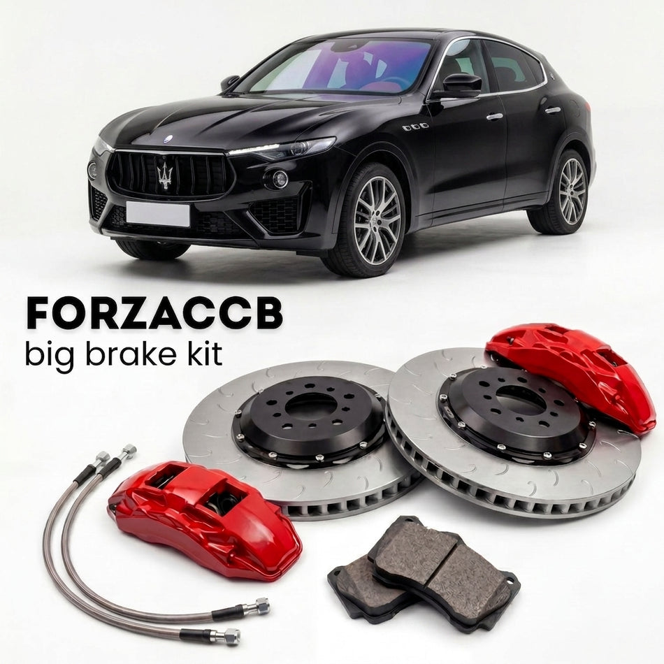 Black Maserati Levante (2017-2024) shown above a ForzaCCB iron rotor big brake kit with 2x red 6-piston front calipers, 2x two-piece floating ventilated brake discs 380 mm, set of brake pads, and brake lines.