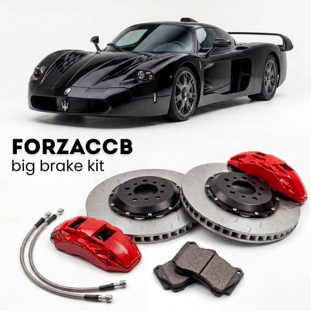 Black Maserati MC12 (2004-2005) shown above a ForzaCCB iron rotor big brake kit with 2x red 6-piston front calipers, 2x two-piece floating ventilated brake discs 380 mm, set of brake pads, and brake lines.