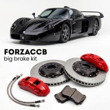 Black Maserati MC12 (2004-2005) shown above a ForzaCCB iron rotor big brake kit with 2x red 6-piston front calipers, 2x two-piece floating ventilated brake discs 380 mm, set of brake pads, and brake lines.