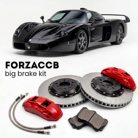 Black Maserati MC12 (2004-2005) shown above a ForzaCCB iron rotor big brake kit with 2x red 6-piston front calipers, 2x two-piece floating ventilated brake discs 380 mm, set of brake pads, and brake lines.