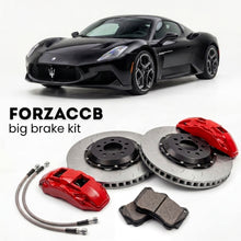 Black Maserati MC20 (2020+) shown above a ForzaCCB iron rotor big brake kit with 2x red 6-piston front calipers, 2x two-piece floating ventilated brake discs 380 mm, set of brake pads, and brake lines.