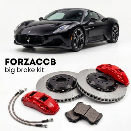 Black Maserati MC20 (2020+) shown above a ForzaCCB iron rotor big brake kit with 2x red 6-piston front calipers, 2x two-piece floating ventilated brake discs 380 mm, set of brake pads, and brake lines.