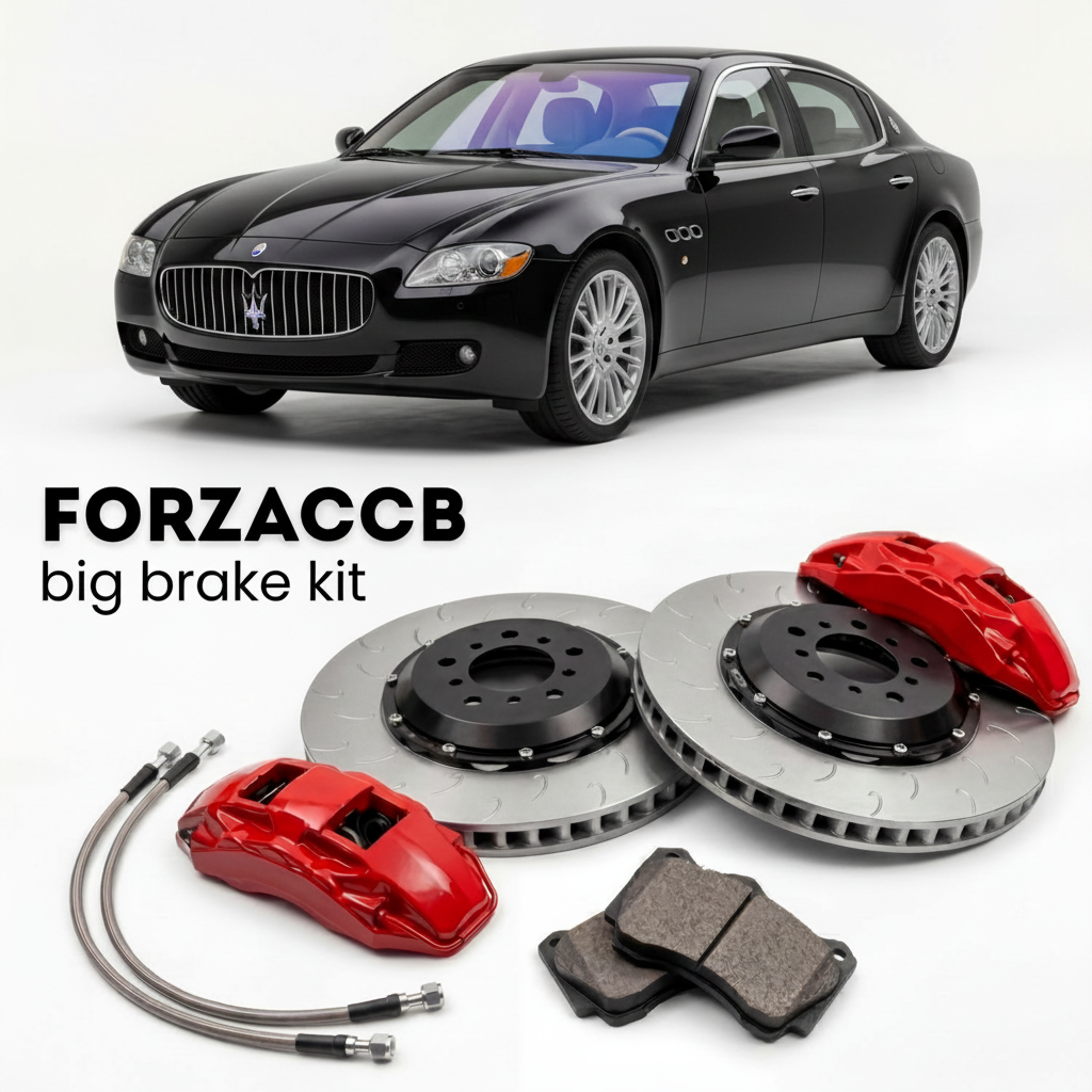 Black Maserati Quattroporte V M139 (2003-2012) shown above a ForzaCCB iron rotor big brake kit with 2x red 6-piston front calipers, 2x two-piece floating ventilated brake discs 380 mm, set of brake pads, and brake lines.