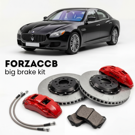 Black Maserati Quattroporte V M139 (2008-2012) shown above a ForzaCCB iron rotor big brake kit with 2x red 6-piston front calipers, 2x two-piece floating ventilated brake discs 380 mm, set of brake pads, and brake lines.