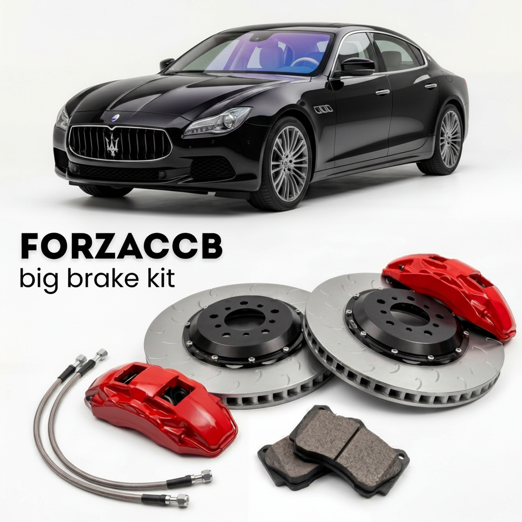 Black Maserati Quattroporte VI M156 (2017-2023) shown above a ForzaCCB iron rotor big brake kit with 2x red 6-piston front calipers, 2x two-piece floating ventilated brake discs 380 mm, set of brake pads, and brake lines.