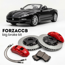 Black Maserati Spyder M138 (2001-2007) shown above a ForzaCCB iron rotor big brake kit with 2x red 6-piston front calipers, 2x two-piece floating ventilated brake discs 380 mm, set of brake pads, and brake lines.