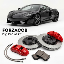Black McLaren 570S P13 (2015-2021) shown above a ForzaCCB iron rotor big brake kit with 2x red 6-piston front calipers, 2x two-piece floating ventilated brake discs 380 mm, set of brake pads, and brake lines.