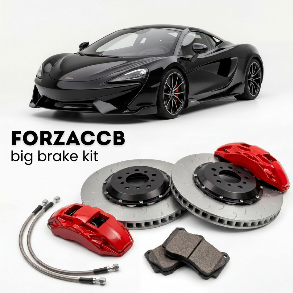 Black McLaren 600LT P13 (2018-2020) shown above a ForzaCCB iron rotor big brake kit with 2x red 6-piston front calipers, 2x two-piece floating ventilated brake discs 380 mm, set of brake pads, and brake lines.