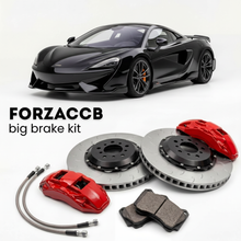 Black McLaren 620R P13 (2019-2021) shown above a ForzaCCB iron rotor big brake kit with 2x red 6-piston front calipers, 2x two-piece floating ventilated brake discs 380 mm, set of brake pads, and brake lines.