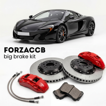 Black McLaren 625C P11 (2015-2016) shown above a ForzaCCB iron rotor big brake kit with 2x red 6-piston front calipers, 2x two-piece floating ventilated brake discs 380 mm, set of brake pads, and brake lines.