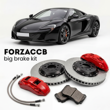 Black McLaren 650S P11 (2014-2017) shown above a ForzaCCB iron rotor big brake kit with 2x red 6-piston front calipers, 2x two-piece floating ventilated brake discs 380 mm, set of brake pads, and brake lines.