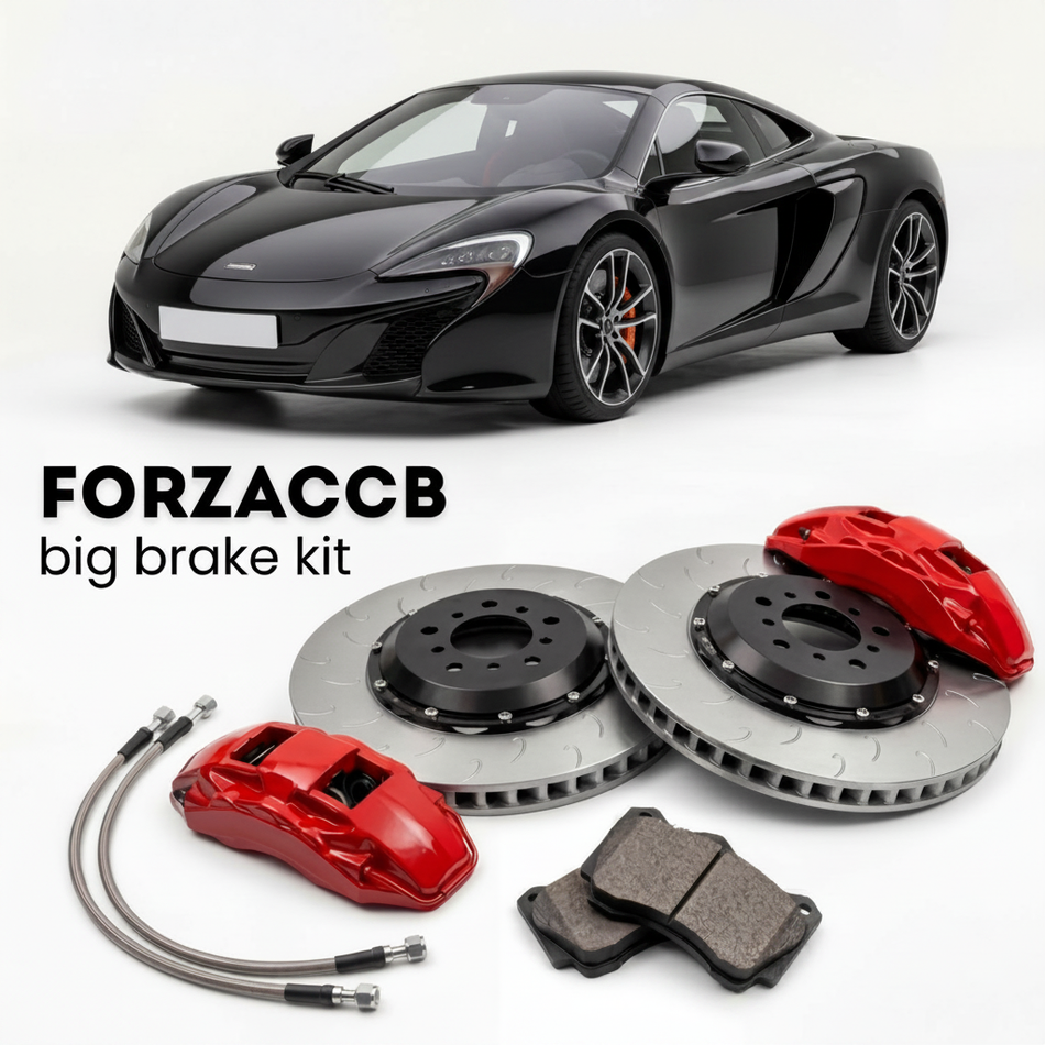 Black McLaren 650S P11 (2014-2017) shown above a ForzaCCB iron rotor big brake kit with 2x red 6-piston front calipers, 2x two-piece floating ventilated brake discs 380 mm, set of brake pads, and brake lines.