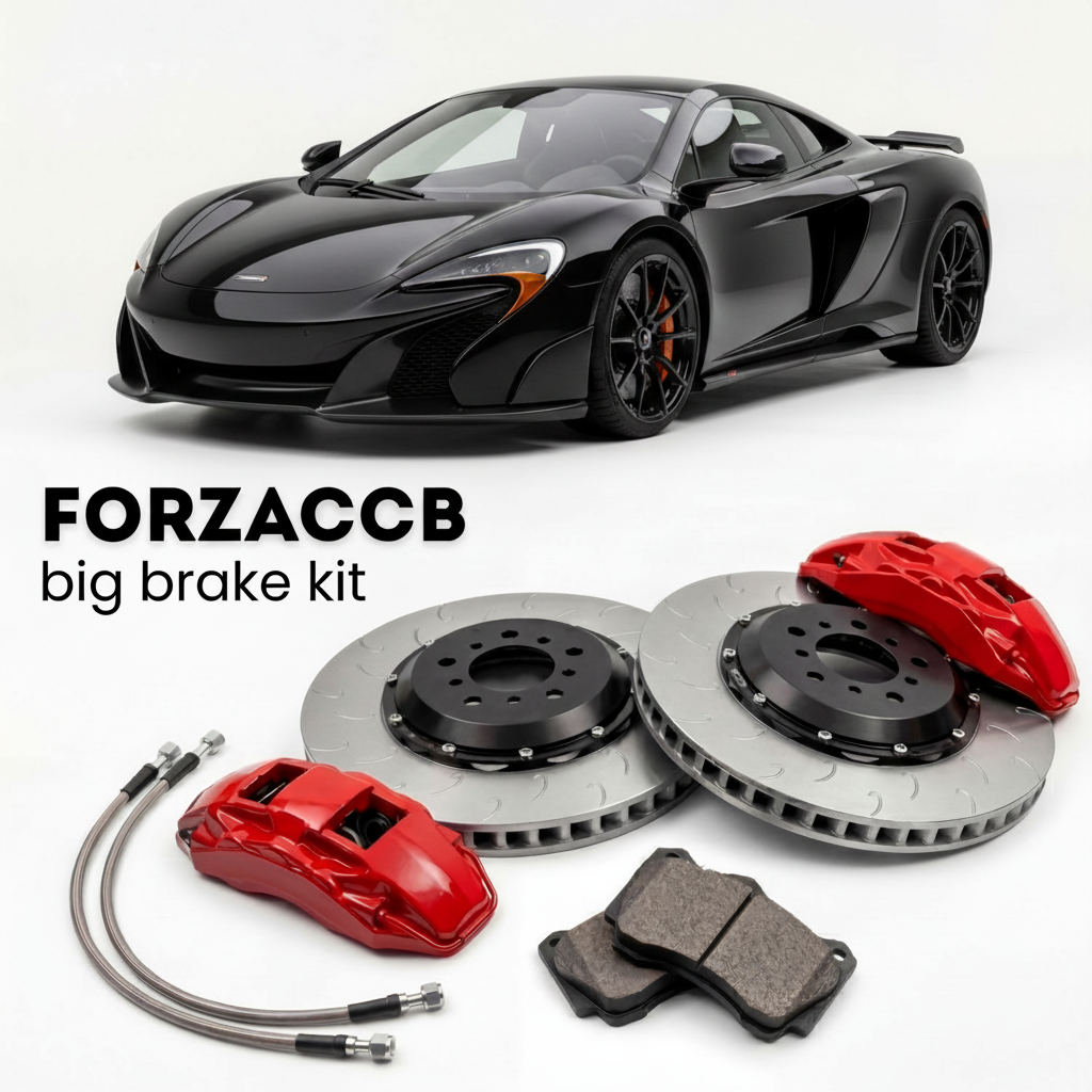 Black McLaren 675LT P11 (2015-2017) shown above a ForzaCCB iron rotor big brake kit with 2x red 6-piston front calipers, 2x two-piece floating ventilated brake discs 380 mm, set of brake pads, and brake lines.