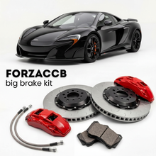 Black McLaren 675LT P11 (2015-2017) shown above a ForzaCCB iron rotor big brake kit with 2x red 6-piston front calipers, 2x two-piece floating ventilated brake discs 380 mm, set of brake pads, and brake lines.