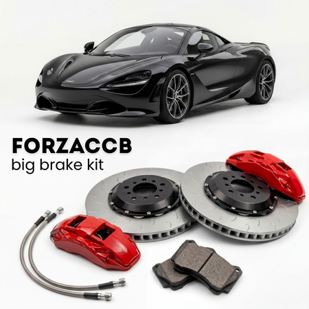Black McLaren 720S P14 (2017-2023) shown above a ForzaCCB iron rotor big brake kit with 2x red 6-piston front calipers, 2x two-piece floating ventilated brake discs 380 mm, set of brake pads, and brake lines.