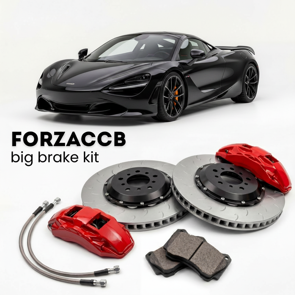 Black McLaren 750S P14 (2023-2024+) shown above a ForzaCCB iron rotor big brake kit with 2x red 6-piston front calipers, 2x two-piece floating ventilated brake discs 380 mm, set of brake pads, and brake lines.