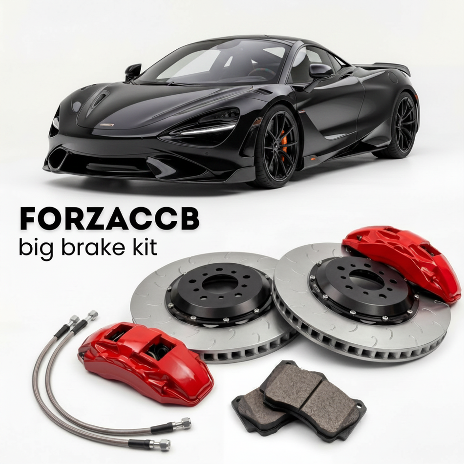 Black McLaren 765LT P14 (2020-2023) shown above a ForzaCCB iron rotor big brake kit with 2x red 6-piston front calipers, 2x two-piece floating ventilated brake discs 380 mm, set of brake pads, and brake lines.