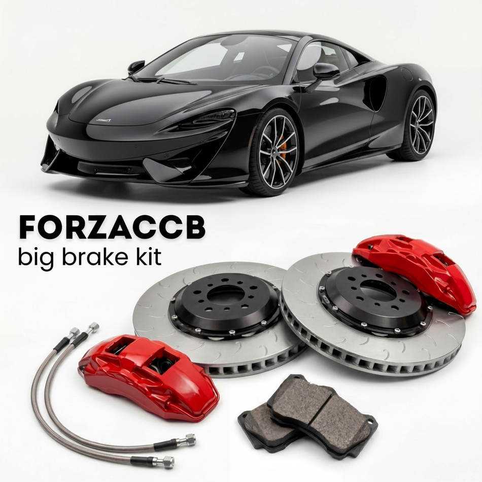 Black McLaren Artura P16 (2022-2024+) shown above a ForzaCCB iron rotor big brake kit with 2x red 6-piston front calipers, 2x two-piece floating ventilated brake discs 380 mm, set of brake pads, and brake lines.