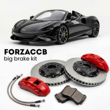 Black McLaren Elva P16 (2020) shown above a ForzaCCB iron rotor big brake kit with 2x red 6-piston front calipers, 2x two-piece floating ventilated brake discs 380 mm, set of brake pads, and brake lines.