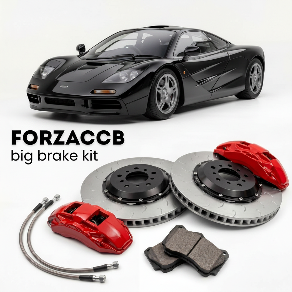 Black McLaren F1 F1 (1992-1998) shown above a ForzaCCB iron rotor big brake kit with 2x red 6-piston front calipers, 2x two-piece floating ventilated brake discs 380 mm, set of brake pads, and brake lines.