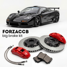 Black McLaren F1 GT F1 (1997) shown above a ForzaCCB iron rotor big brake kit with 2x red 6-piston front calipers, 2x two-piece floating ventilated brake discs 380 mm, set of brake pads, and brake lines.