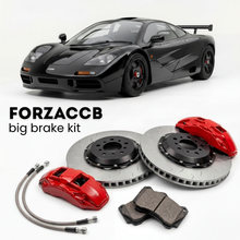Black McLaren F1 LM F1 (1995) shown above a ForzaCCB iron rotor big brake kit with 2x red 6-piston front calipers, 2x two-piece floating ventilated brake discs 380 mm, set of brake pads, and brake lines.
