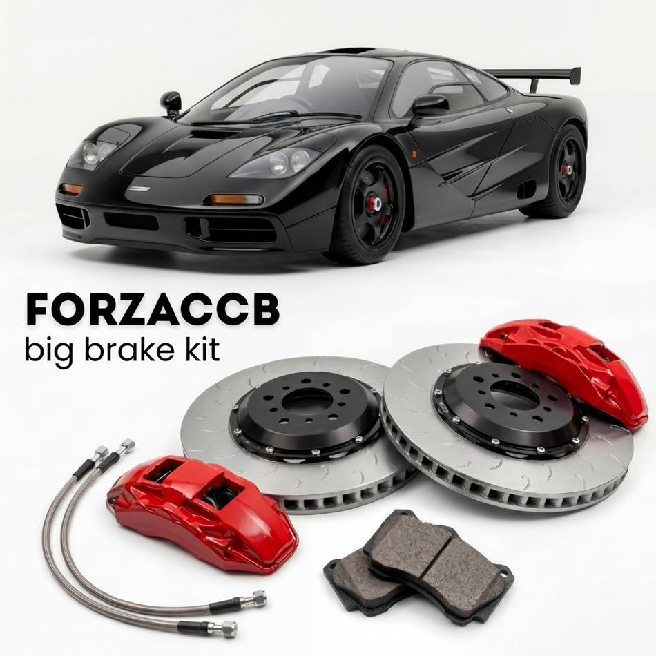 Black McLaren F1 LM F1 (1995) shown above a ForzaCCB iron rotor big brake kit with 2x red 6-piston front calipers, 2x two-piece floating ventilated brake discs 380 mm, set of brake pads, and brake lines.