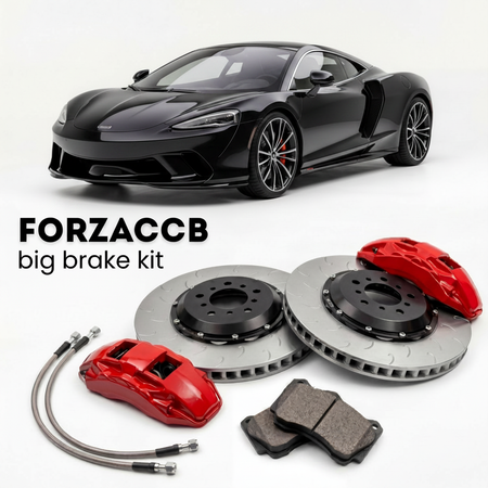 Black McLaren GT P10 (2019-2023) shown above a ForzaCCB iron rotor big brake kit with 2x red 6-piston front calipers, 2x two-piece floating ventilated brake discs 380 mm, set of brake pads, and brake lines.