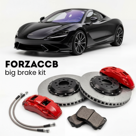 Black McLaren GTS P10 (2024+) shown above a ForzaCCB iron rotor big brake kit with 2x red 6-piston front calipers, 2x two-piece floating ventilated brake discs 380 mm, set of brake pads, and brake lines.